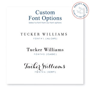 May include: A white card with blue text showing four different font options for a name. The name is "Tucker Williams" in all caps, classic, and script fonts. The card also has a red and white logo that says "Preppy Prodigy" with the text "Quality Goods for School & Office Made in the USA".