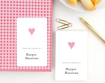 Personalized Pink Heart Bookplate Stickers, Kids Book Labels, Set of 16