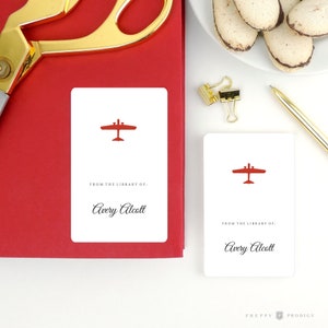 Children&#39;s Bookplate Stickers, Gift for Kids, Personalized Children&#39;s book labels, School Supplies, Boxed Set of 16, Plane, Red Airplane