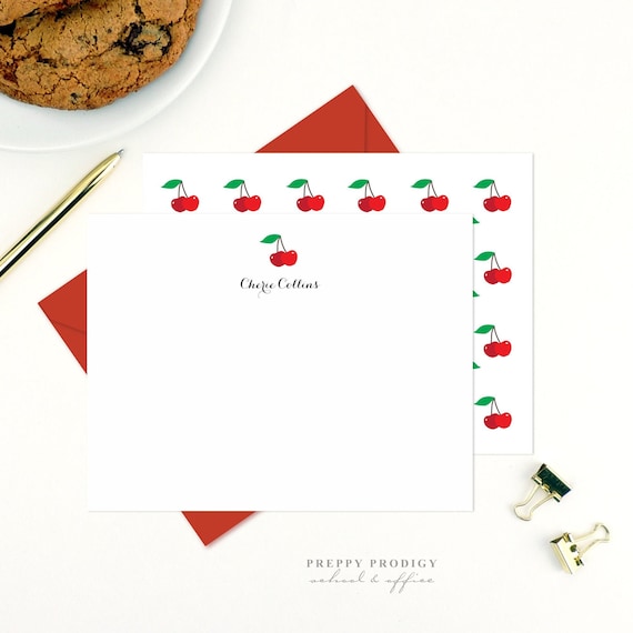 Personalized Cherry Note Card Set, Handmade Stationery