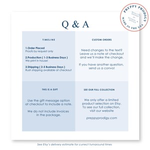 May include: A blue and white graphic with the text "Q & A" in a large font. The graphic is divided into four sections with information about ordering, production, shipping, and custom orders. The graphic also includes information about gift messages and the full collection.