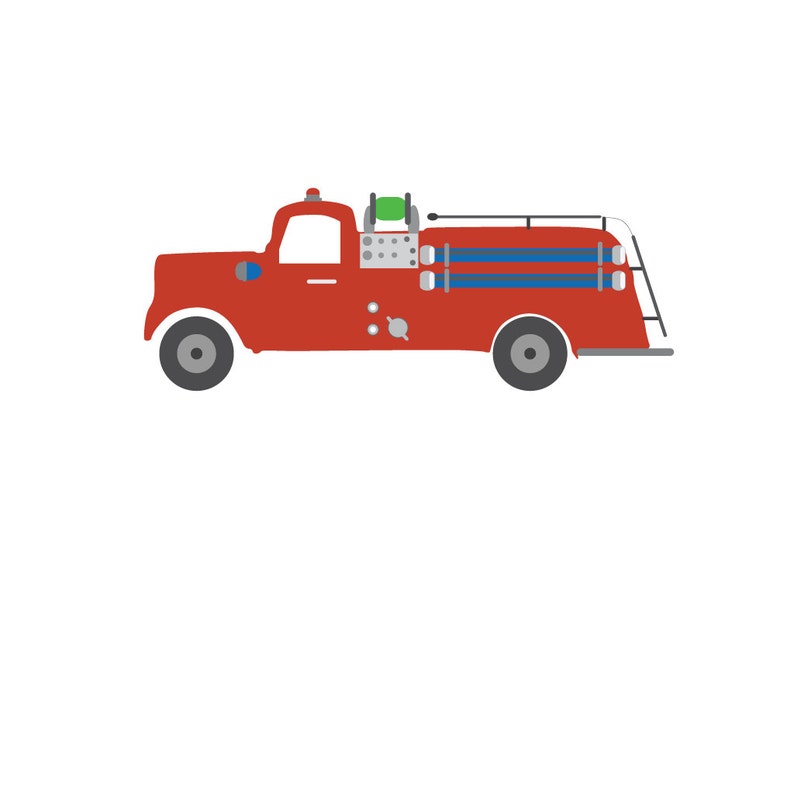 Puede incluir: Un cami&oacute;n de bomberos rojo con una escalera y mangueras. El cami&oacute;n tiene una sirena blanca en la parte superior y un carrete de manguera verde.