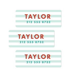 May include: Three turquoise and white striped labels with the name "TAYLOR" in red and the phone number "212 555 8732" in teal.