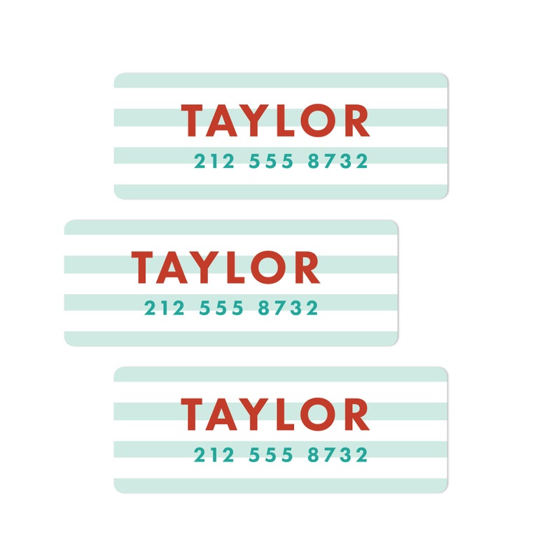 May include: Three turquoise and white striped labels with the name "TAYLOR" in red and the phone number "212 555 8732" in teal.