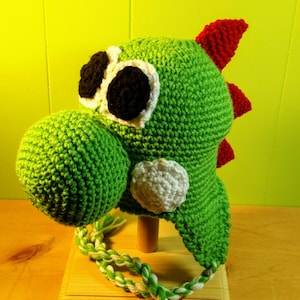Crochet Yoshi Inspired Dinosaur Hat, Beanie, Stocking Cap with Ear Flaps - Nintendo Super Mario World - All Colors