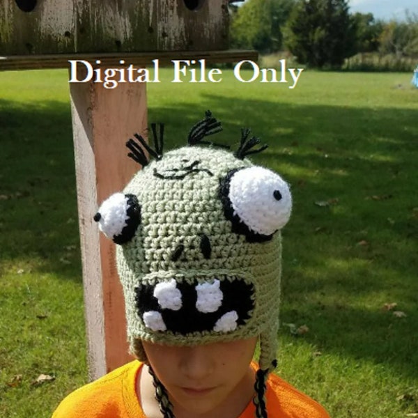 Pattern Zombie Crochet Hat Beanie Stocking Cap with Earflaps All Sizes