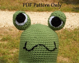 Green Frog Beanie, Hat, Stocking Cap with Earflaps - PDF Pattern Only