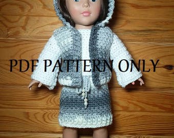 Doll Clothes Crochet Pattern, Hooded Vest, Skirt, Boots (PDF Pattern)