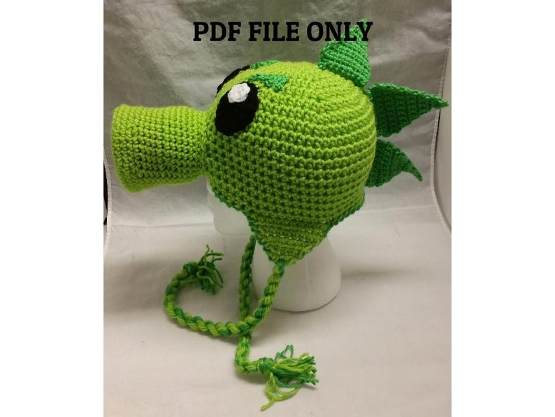 Pattern Green Repeater and Peashooter Pea Shooter Crochet Hat Beanie Stocking Cap with Earflaps All Sizes image 1