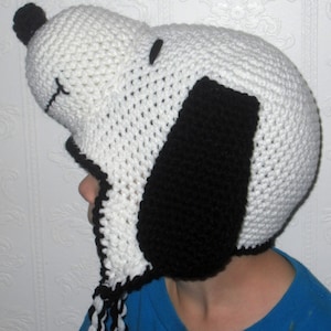 Crochet White and Black Dog Snoopy Inspired Hat, Beanie, Stocking Cap with Earflaps - Peanuts Movie