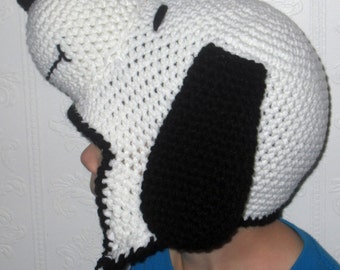 Crochet White and Black Dog Snoopy Inspired Hat, Beanie, Stocking Cap with Earflaps - Peanuts Movie