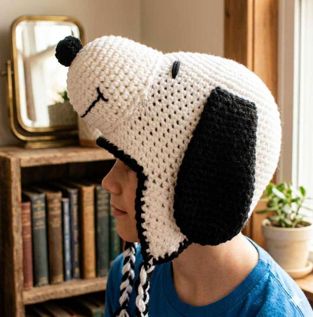 Crochet White and Black Dog Hat, Beanie, Stocking Cap With
