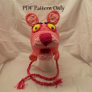 Pink Panther Hat, Beanie, Stocking Cap with Ear Flaps - Crochet Pink Cat Hat - PDF Written Pattern with Pictures