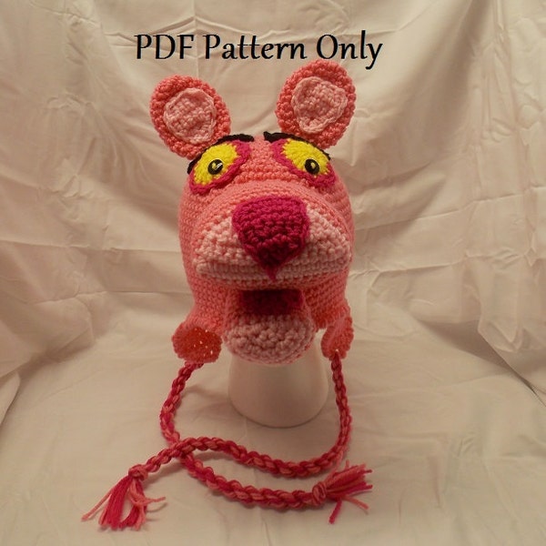 Chapeau de panthère rose, bonnet, bonnet de bas avec oreillettes - Chapeau de chat rose au crochet - Modèle écrit PDF avec images