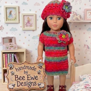 18 Inch Doll Crochet Pattern, Striped Shift Dress and Beret Set, Fits American Girl Dolls, Digital Download, Handmade by Bee Ewe Designs