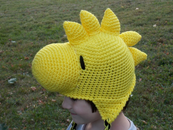 Crochet Yellow Bird Woodstock Inspired Hat, Beanie, Stocking Cap with Ear Flaps - Peanuts