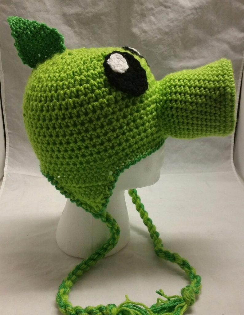 Pattern Green Repeater and Peashooter Pea Shooter Crochet Hat Beanie Stocking Cap with Earflaps All Sizes image 3