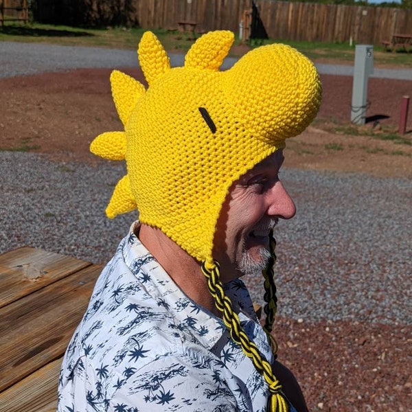 Crochet Yellow Bird Woodstock Inspired Hat, Beanie, Stocking Cap with Ear Flaps - Peanuts