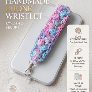 May include: A handmade phone wristlet in shades of pink, blue, and purple, resting on a smartphone. The wristlet features a woven design and a metal clasp. Text on the image reads "HANDMADE PHONE WRISTLET STYLISH & SECURE".