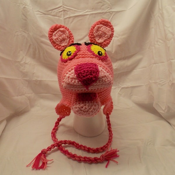Crochet Pink Panther Inspired Hat, Beanie, Stocking Cap with Ear Flaps - Crochet Pink Cat Hat