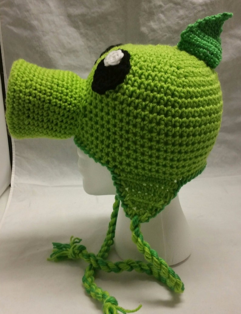 Pattern Green Repeater and Peashooter Pea Shooter Crochet Hat Beanie Stocking Cap with Earflaps All Sizes image 4