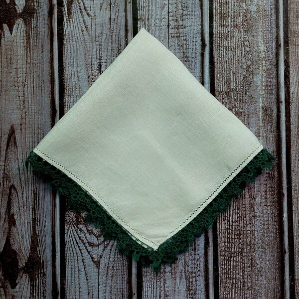 Tatted Edge White with Green Handcrafted Hanky Est. 1940s to 1950s Handkerchief Soft Cotton Collectible Gift Idea Quality Tatting Artwork