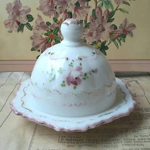 Dithridge Victorian Butter Dome VERSAILLES Pattern Hand Painted Milk Glass w Pink Roses Ribbon Ruffles Dish w Cover 2 pc Set