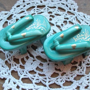 Unique Salt Pepper Shakers Traditional Geta Footwear Turquoise Made in Japan Hand Painted w Gold Highlights Original Cork Stoppers
