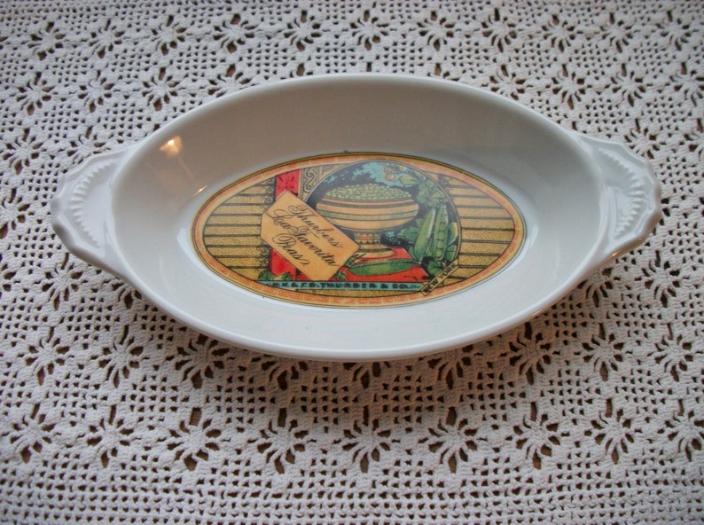2 MANN Fine China Country Vegetable Advertising Nesting Casserole Dishes ~ Farmhouse Baking Dishes ~ Tomato /& Peas ~ Oven Safe 2 Sizes.