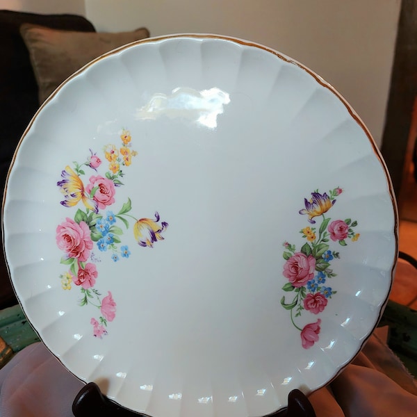 Pretty in Pink Roses W.S. George China Bright Colorful Floral Cake Plate Serving Platter Fluted Edging Gold Highlights 1940s Era Collectible