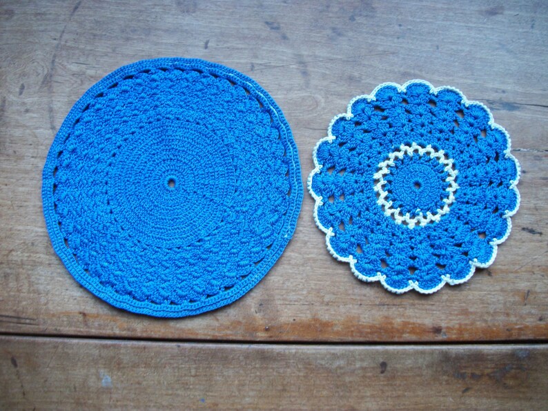 Pair Of Blue White Crocheted Doilies Round Scalloped Etsy
