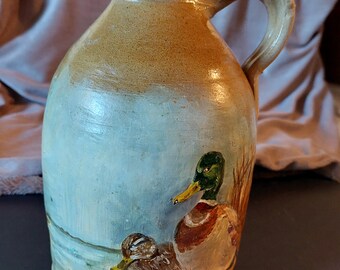 Sippin Jug Primitive Salt Glaze Tan Stoneware Moonshine Jug Applied Handle Hand Painted Water Fowl Scene Full Coverage 19th C Antique OOAK