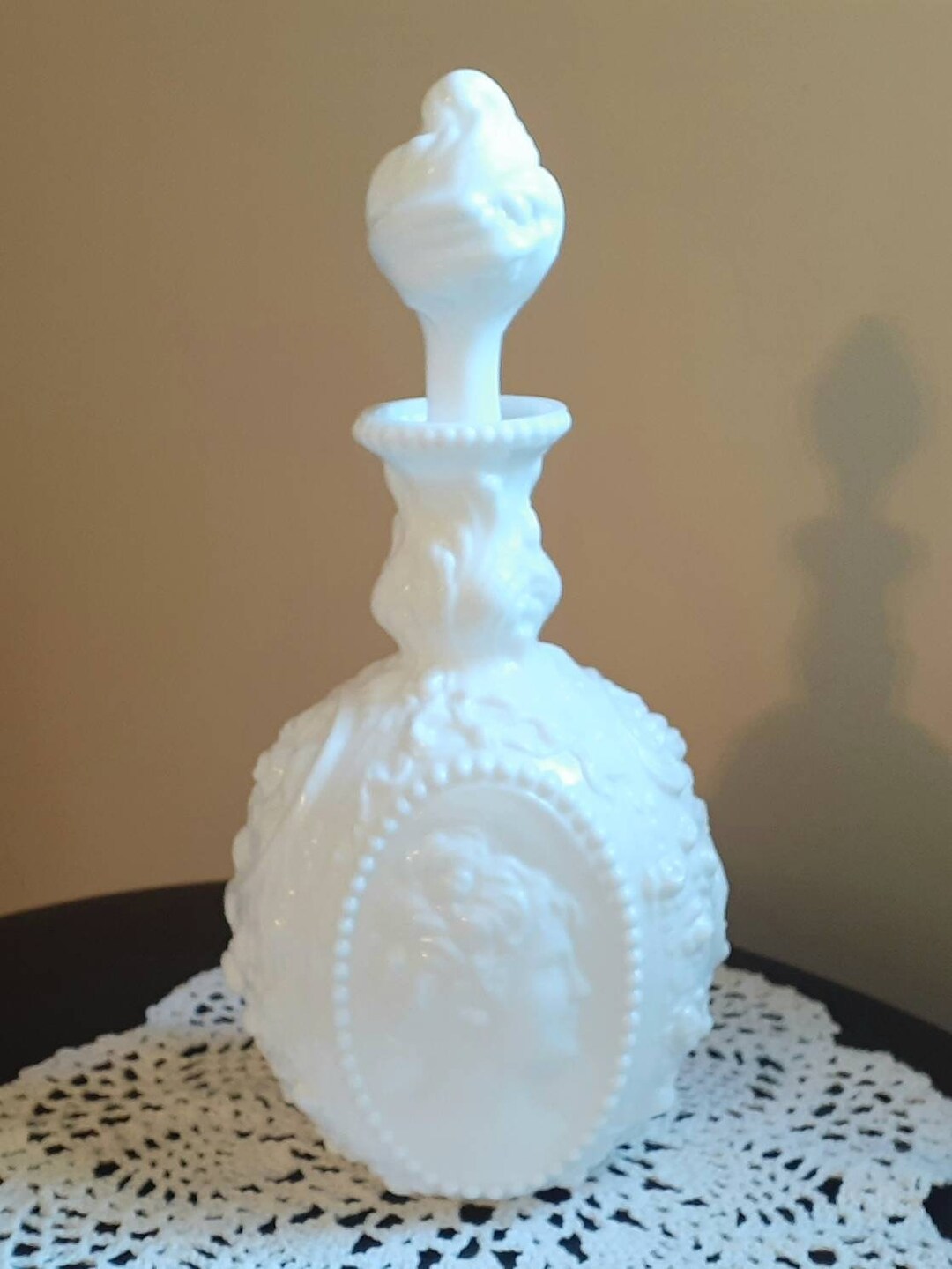 Jenny Lind Milk Glass Vanity Dresser Bottle Decorated Cologne Decanter ...
