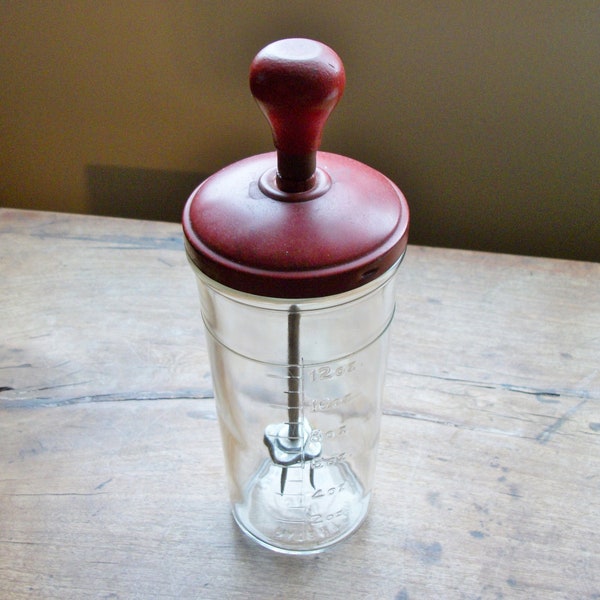 Retro Red Top Spiked Ice Chopper Glass Container by Hazel Atlas 1950s-60s Era Chop Jar  Embossed Measurements Original Top Red Wood Finial