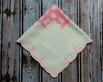 Pink and White Scalloped Edge Printed Cotton Hanky Vintage Handkerchief Collectible Quality Hankies Weddings Bridal Party Gift New Old Stock