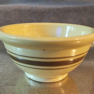 Stoneware Mixing Bowl Yellow w Brown Bands Marked 120/- U.S.A. Country Kitchen Primitive Farmhouse Yelloware Earthenware