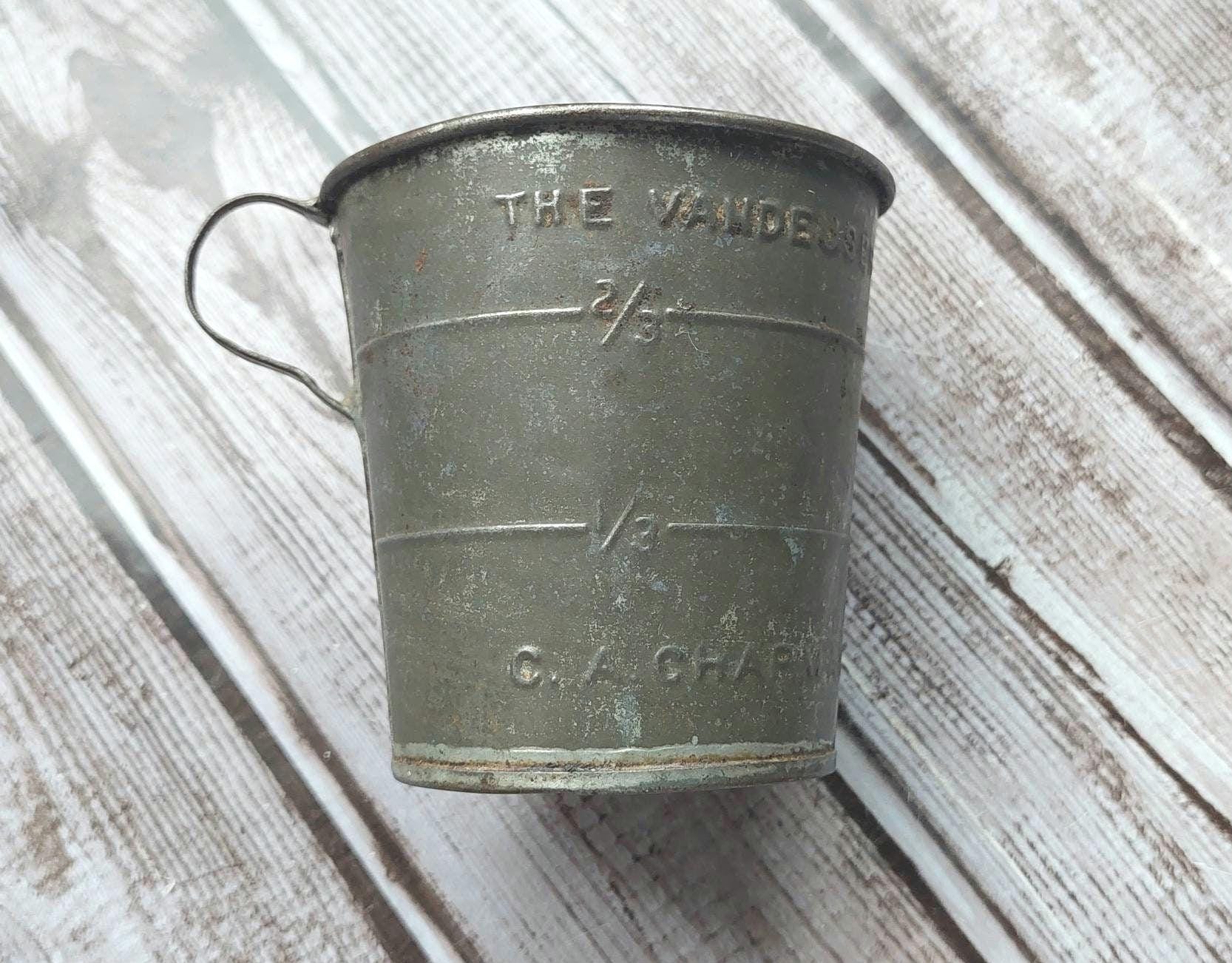 Vandeusen Tin Measuring Cup Decor Applied Handle Embossed Measurements CA Chapman Geneva NY One Cup Measure