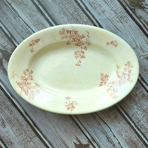 May include: A vintage oval serving dish with a cream-colored background and a delicate floral pattern in brown. The dish is perfect for serving appetizers, desserts, or other small dishes.