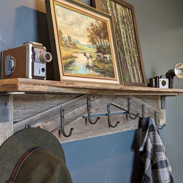 Wall Mounted Shutter Coat Rack with Storage Shelf | Modern Farmhouse Entryway Organizer Hooks | Rustic Reclaimed Wood w/ metal Hangers Decor