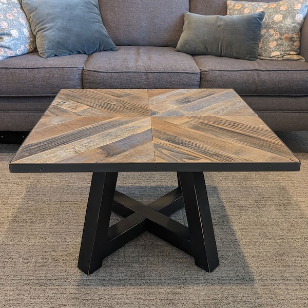 Square Wooden Coffee Table with X Style Farmhouse Solid Wood Legs | Reclaimed Barnwood Top Metal Barrel Band | Rustic Living Room Furniture