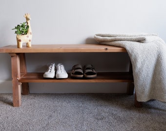 Entryway Bench with Storage | Narrow Wooden Hallway, Mudroom Shoe Seating | "Alpine" Reclaimed Wood Bench Seat | Modern Farmhouse Decor.