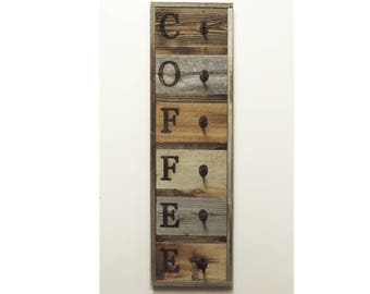 Vertical Barnwood Coffee Mug Rack Wall Mounted, Wooden Hanging Cup Holder, Kitchen Storage for Display. Organizer Hooks, 36.75" X 10.5"