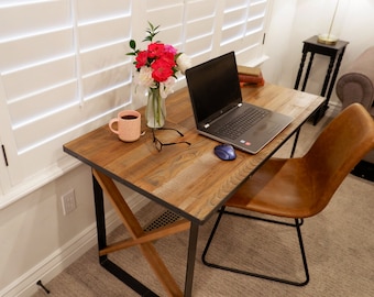 Modern Farmhouse Reclaimed Wood w/Metal Industrial Leg Desk | Rustic Real Barnwood Laptop Table | Solid Wooden Minimalist Home Office Decor