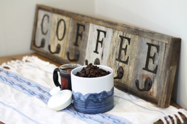 Barnwood Coffee Mug Rack Wall Mounted Hanging Cup Holder Decorative Display Storage For The Kitchen Bar Wooden Organizer 31 5 X 7 25
