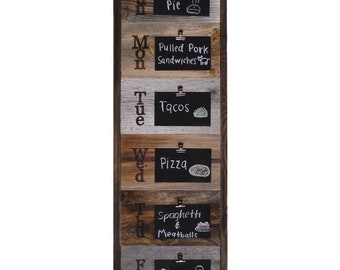 Reclaimed Wood Weekly Menu Board with clips and mini Chalkboard slats, Vintage Farmhouse Kitchen display sign, Rustic Decor.