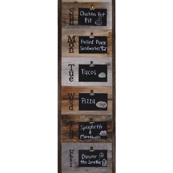 Reclaimed Wood Weekly Menu Board with clips and mini Chalkboard slats, Vintage Farmhouse Kitchen display sign, Rustic Decor.