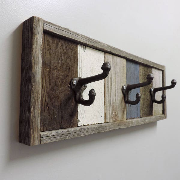 19.5" 3-Hooks Reclaimed Barnwood Wall Mounted Towel Rack, Multi Towel bathroom hanger, Decorative Wooden Rustic Farmhouse accessories sets.