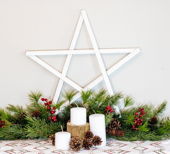 Large Wooden Star Decoration Rustic White Pentagram Wall Decor Etsy