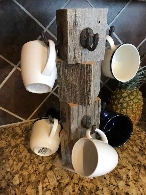 Farmhouse Coffee Mug Tree, Wooden Cup Holder, Kitchen Display Stand,  Counter Top Storage Hanger, for 8 Mugs, New Colors Black, White, Red 