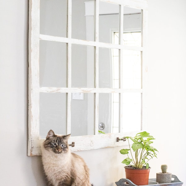 Extra Large Farmhouse Window Pane Mirror- 46"X36"- Rustic Old Barnwood Decorative Living Room, Overmantle, Bedroom Wooden Country Wall Decor